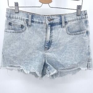 Aerie Light Wash Distressed Denim Shorts Elastic Back Frayed Hem Blue Womens M